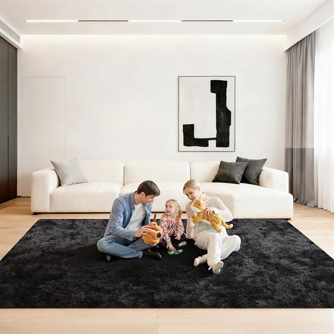 6x9 Area Rugs for Living Room, Large Fluffy Rugs for Bedroom, Fuzzy Shag Soft Non-Slip Carpet for Kids Girls and Boys Nursery Dorm Indoor Room Home Decor (6ft X 9ft, Tie-Dyed Black Grey)