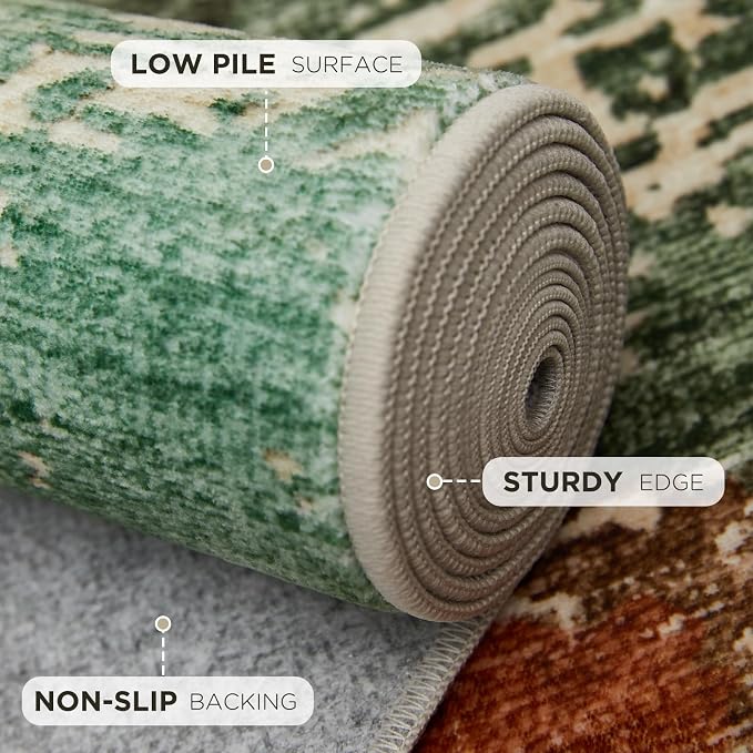 Joydeco 5x7 Area Rugs for Living Room, Non-Slip Modern Abstract Soft Washable Rug, Low Pile Carpet for Bedroom, Dining Room, Home Office, Pet & Child Friendly, Green & Orange & White