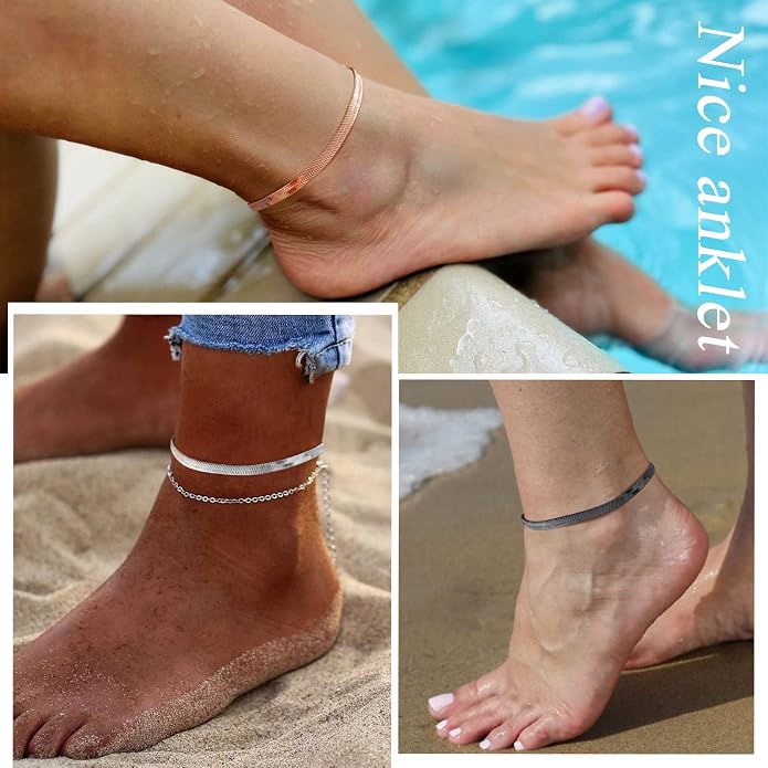 FindChic Elegant Herringbone Snake Chain Anklets/Bracelets 3MM/5MM Width Stainless Steel/18K Gold/Rose Gold Plated/Black 4 Color Options, 8.3'' 8.5'' 10.5'' Length, with Gift Box