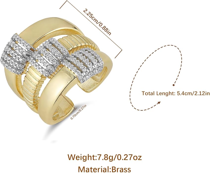 HZMAN 14K Gold Plated Brass Open Ring Collection for Women, Non-Adjustable Crystal Inlay Statement Rings, Wide Band Cocktail Jewelry Assorted Styles
