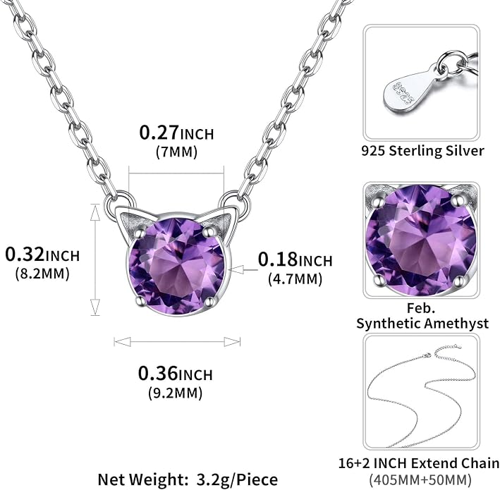 ChicSilver Bow and Cat Birthstone Necklace, 925 Sterling Silver Pendant Necklaces for Women, Hypoallergenic Silver Choker with 16 inch Rolo Chain, 12 Months Jewelry for Valentines Mothers Day Christmas