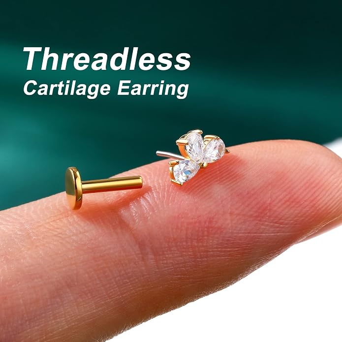 Cocharm 14K Solid Gold Cartilage Earring - 16g Flower Yellow Gold Flat Back Helix Stud, 14K Gold Push in Tragus Earring, Threadless Conch Stud