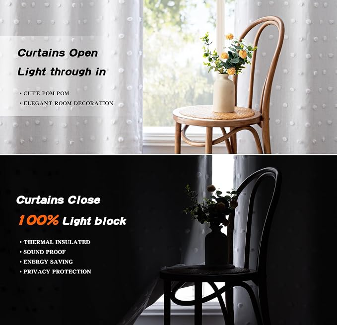 MYSKY HOME White Curtains 100% Blackout Curtains for Bedroom 80 Inch Long Light Blocking Drapes for Girls Room Thermal Insulated Room Darkening Curtains with Pom Pom Sheer Grommet Set of 2, 52W x 80L