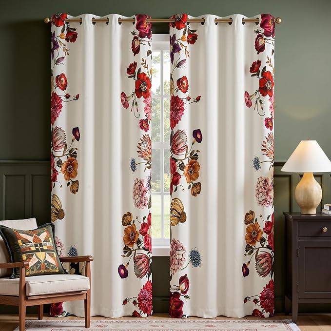 jinchan Beige Floral Blackout Curtains 84 Inch Vintage Grommet 2 Panels | Room darkening, privacy, vibrant flower print, retro boho bohemian drapes, bedroom, living room, fall decor, window treatment