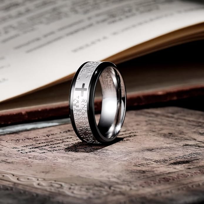 King Will Stainless Steel Men Ring Lord's Prayer Cross Ring Stainless Steel Men Wedding Ring, Wedding Band Bible Engraved Rings High Polished, Comfort Fit