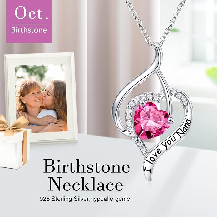 Nana Gifts Sterling Silver Heart Birthstone Necklaces, I Love You Nana Gifts for Mothers, Grandma