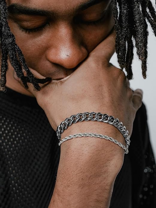 U7 Link Bracelets for Men, Cuban Link/Rope/Watch Band Solid Bracelet, Silver Black Gold Color Wrist Bracelet 3/6/9/12/15mm Width, 6.5/7.5/8.3 Inch Length, Hand Chain Jewelry for Mens Women