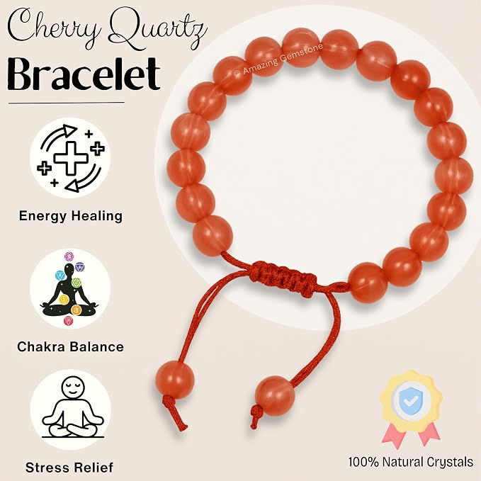 Amazing Gemstone Cherry Quartz Bracelet, Gifts for Men & Women - Protection Healing Crystal Bracelet - 8mm Gemstone Beaded Adjustable Bracelet, Pulseras para Hombres Mujer Stocking Stuffers