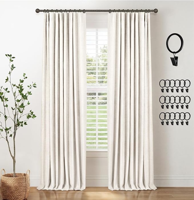 INOVADAY 100% Blackout Curtains for Bedroom, Black Out Curtains 80 Inch Long, Clip Rings Linen Blackout Drapes, Thermal Insulated Room Darkening for Living Room, 2 Panels - Beige,W50xL80