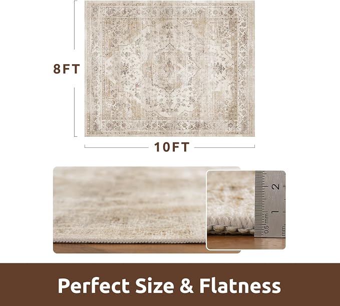 AMOAMI-Area Rug 8FT X 10FT Rugs for Living Room-Vintage Soft Beige Rugs for Bedroom-Non Slip Carpet-Washable Rug for Dining Room Living Room Bedroom Office Under Table