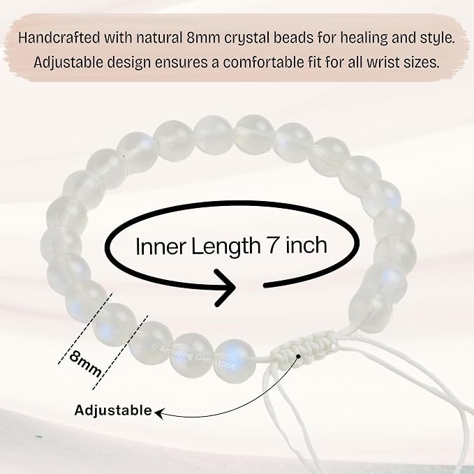 Amazing Gemstone Premium Rainbow Moonstone Bracelet for Women Men's Gifts - Protection Healing Crystal Bracelet - 8mm Gemstone Beaded Adjustable Bracelet Pulseras para Hombres Mujer Stocking Stuffers