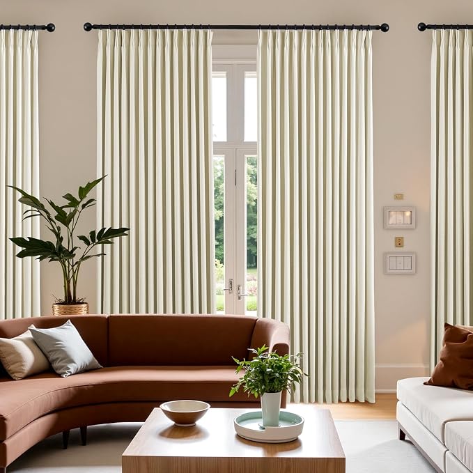 Pinch Pleated Curtains 100% Blackout Linen Curtains 102 Inches Long for Bedroom Living Room, Creamy Beige Memory Trained Thermal Insulated Room Darkening Window Drapes with Hooks 1 Panel 60"Wx102"L