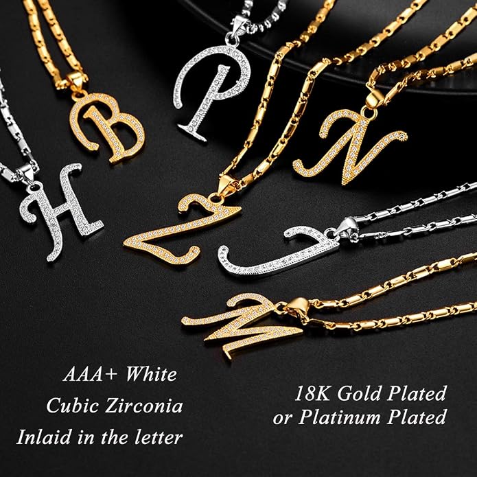 U7 Initial Necklace for Women, Gold/Platinum Plated CZ Crystal Letter A-Z Pendant Necklace, Shiny 20 Inch Name Chain Dainty Personalized Jewelry for Men Mom Wife Friend