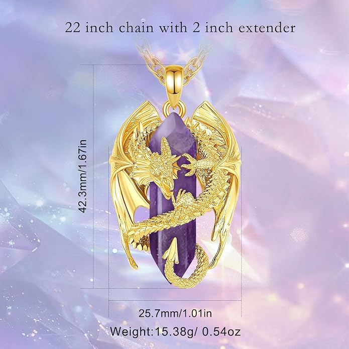 INFUSEU Unique Dragon Necklaces with Healing Crystal Stone for Men Women, Personalized Spiritual Gifts, 24 Inch Chain