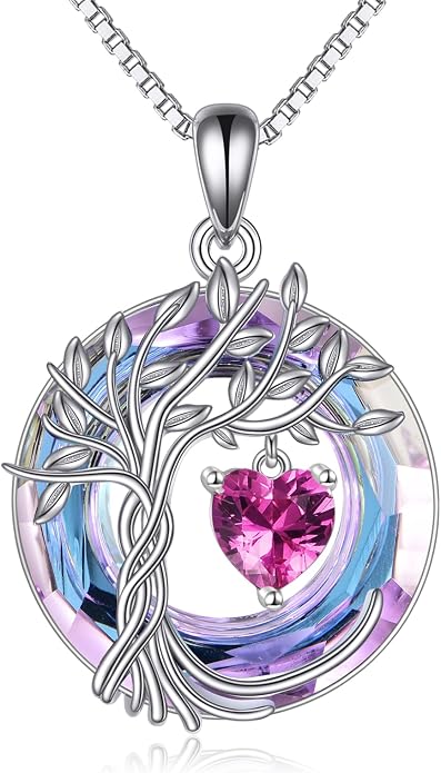 POPLYKE Mothers Day Gifts for Mom Her Wife Tree of Life Necklace 925 Sterling Silver Birthstone Pendant with Crystal Anniversary Birthday Wedding Jewelry for Women