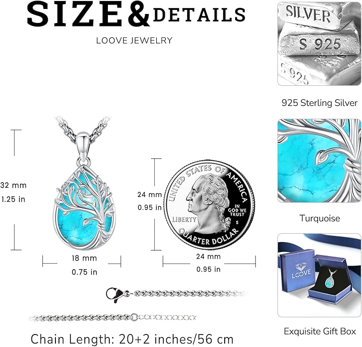 Jewelry Gifts - Tree of Life Necklace Sterling Silver Abalone Shell/Opal/Moonstone/Black Onyx/Turquoise/Malachite/Crystal Family Tree of Life Jewelry for Women Men