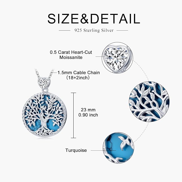 Tree of Life Moissanite Necklace, 925 Sterling Silver 0.5 Carat Moissanite Abalone Shell/Opal/Black Onyx/Turquoise/Malachite/Tiger Eye Stone Tree of Life Pendant Necklaces Jewelry Gift for Women Mom