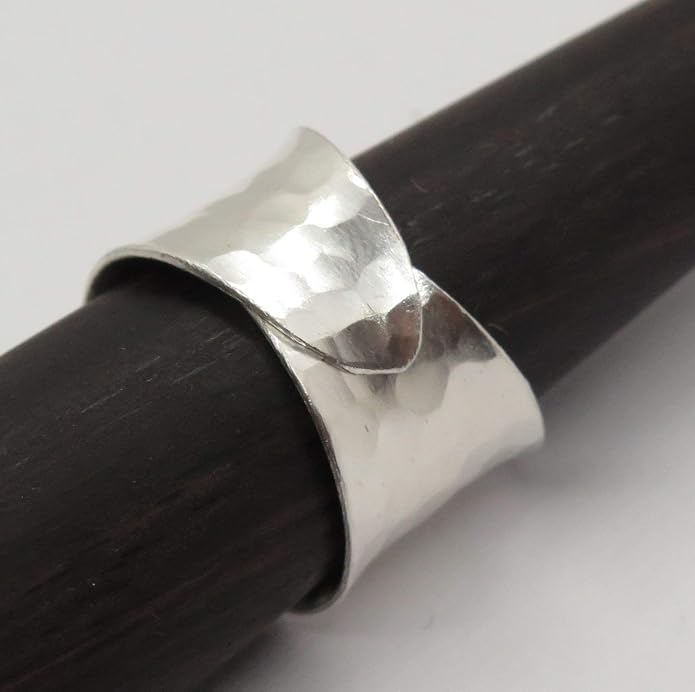 Hammered Sterling Silver Handmade Wide Band Ring, Classic Shiny Finish Wrap Band, Adjustable to Sizes 6-12, Can fit Also as Thumb ring, Gift for Her