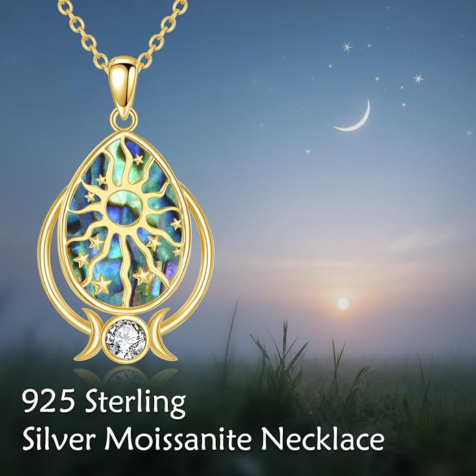 14k Gold Plated Abalone Shell Pendant Necklace For Women Fashion Sun & Star Crescent Necklace With Silver Cable Chain Jewelry Gifts, 18" + 2" Inches