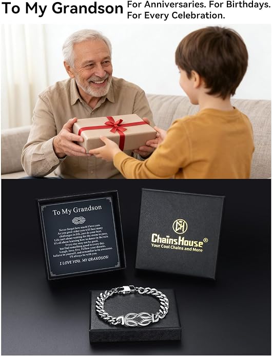 ChainsHouse Square Love Knot Bracelets for Men Braided Leather Stainless Steel Infinity Bracelets with Love Message Card Aniversary Birthday Gift for Men/Love/Husband/Dad