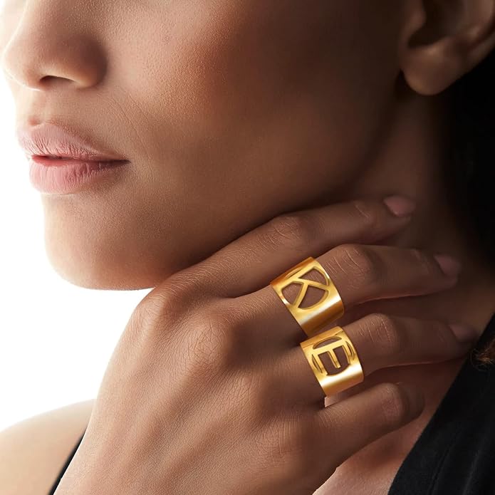 KeyStyle Bold Initial Letter Rings Adjustable, GoldChic Jewelry Women Gold Statement Ring Personalized Engraved Women’s Open Signet Ring for Party (Gold, White Gold, Black)