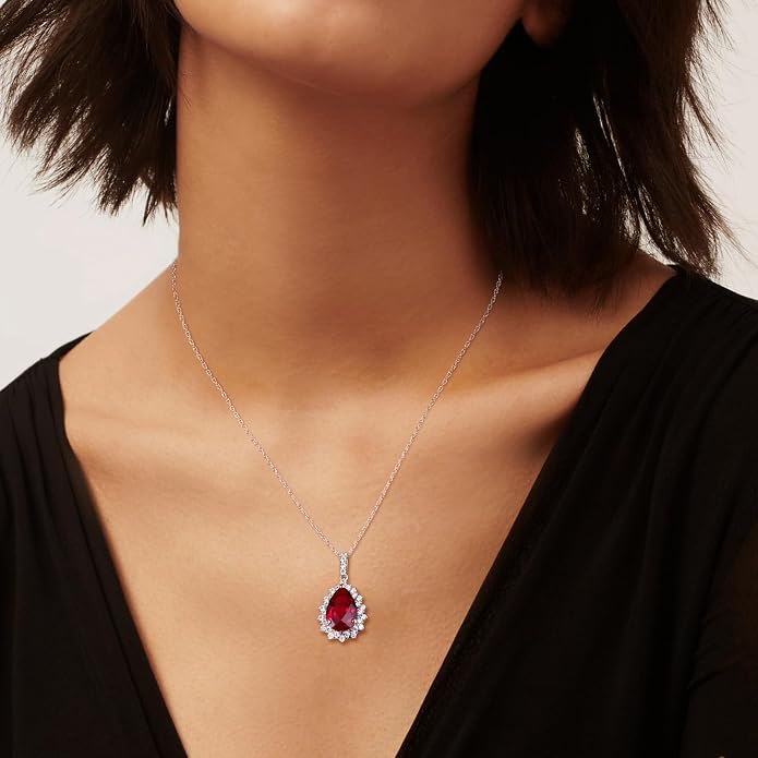 925 Sterling Silver Teardrop Necklace for Women Huge Created Gemstone Solitaire Halo Pendant Pear Cut Birthstone Necklace