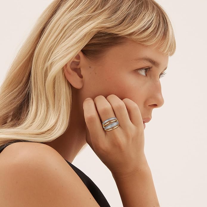 HZMAN 14K Gold Plated Brass Open Ring Collection for Women, Non-Adjustable Crystal Inlay Statement Rings, Wide Band Cocktail Jewelry Assorted Styles