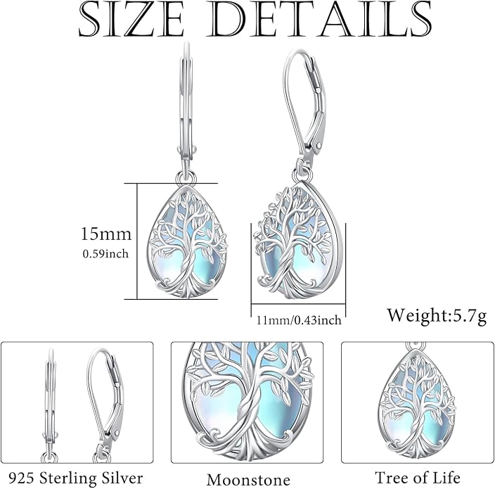Odinstone 925 Sterling Silver Earrings Tree of Life Teardrop Moonstone Dangle Drop Leverback Earrings for Women