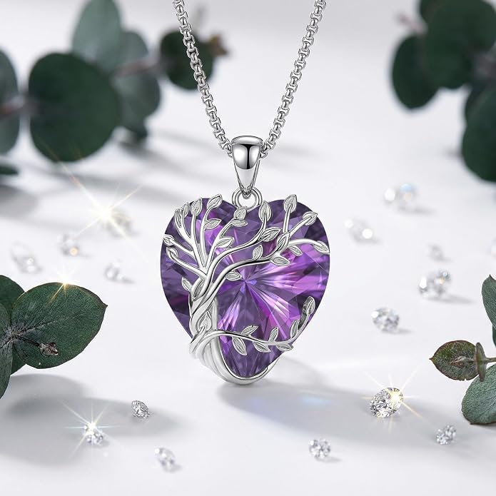 Eusense Tree of Life Necklace for Women White Gold Plated Copper Moonstone/Turquoise/Black Onyx/Crystal Birthstone Pendant Jewelry Gifts for Women Men