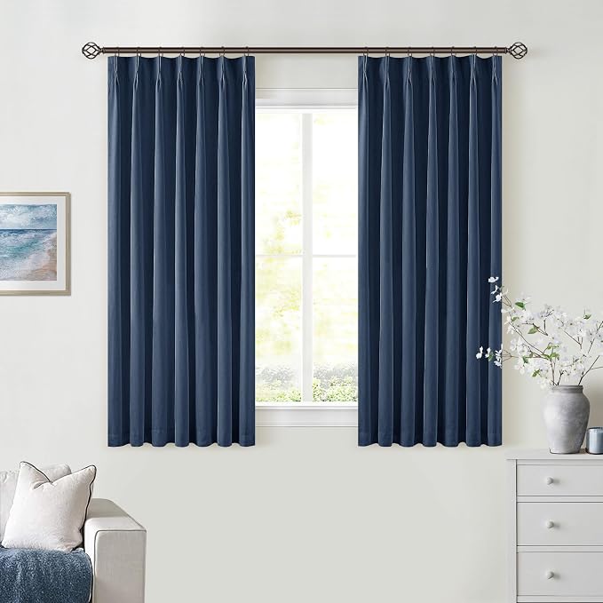 Navy Blue Pinch Pleat 100% Blackout Linen Curtains 2 Layers 45 Inch Long | Memory Trained, Thermal Insulated, UV Blocking, Noise Reducing, Room Darkening, Black Out Short Curtains for Kitchen 2 Panels