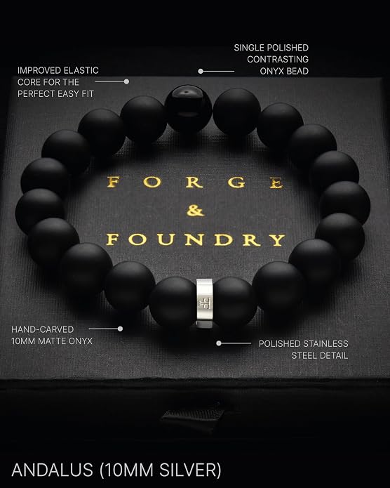 Forge & Foundry Men’s Matte Black Solid Onyx Beaded Bracelet | 10mm, 8mm, 6mm Bead Size Options | Signature Stainless Steel Engraved Bead | Andalus