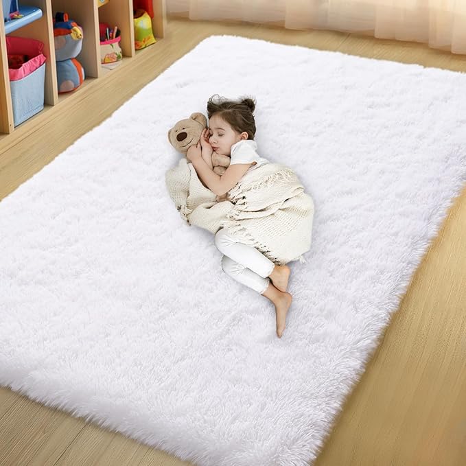 qulint 4x6 White Area Rug for Bedroom, Fluffy Shag Rug for Living Room | Small Fuzzy Nursery Rug, Plush Shaggy Modern Alfombras for Boys and Girls Dorm Kid Room Classroom Christmas Home Decor