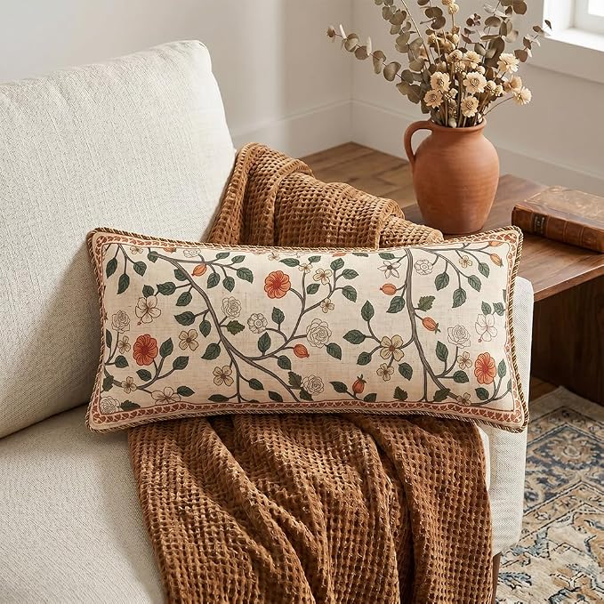 ISAENNE Designer Elegant Vintage Linen Throw Pillow Cover,28"x12"-Flora A | French Rectangle Decor Pillow Cover,Concealed Zipper Design,Floral Pattern,Sofa,Bedroom,Living Room,Lounge Chairs