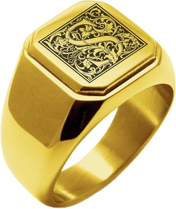 Jewelry | Stainless Steel Letter Alphabet Initial Ring | Square Flat Top Ring for Men & Women | Stainless Steel Jewelry, (Black, Gold, Silver), Size 7-16