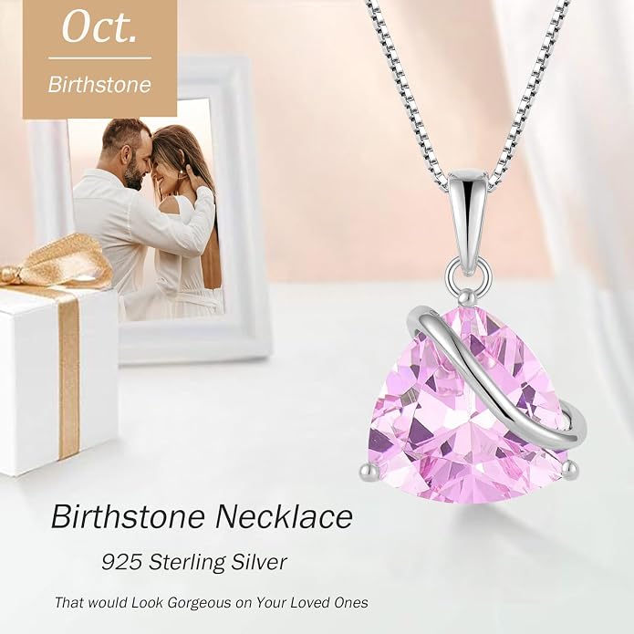 Birthstone Necklace for Women 925 Sterling Silver Triangle cut CZ Halo Pendant Necklaces Infinity Jewelry Gift for Birthday Christmas Mother's Day