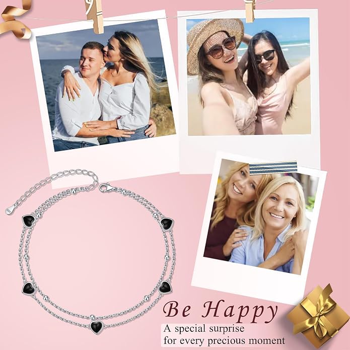 Flyow Anklet for Women S925 Sterling Silver Adjustable Foot Beaded Heart Charm Ankle Bracelet Anklets Jewelry