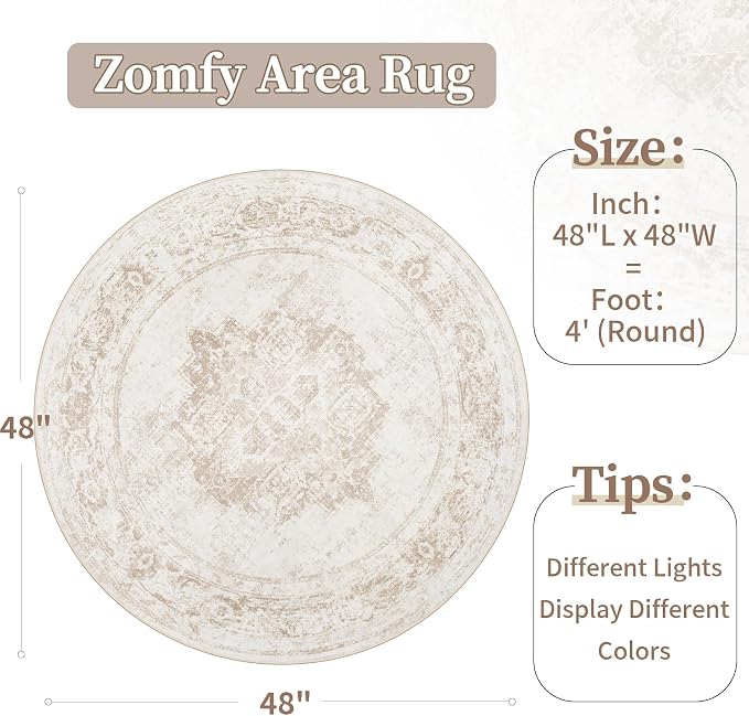 Round Rug 4ft Vintage Rugs: Small Washable Circle Rug Distressed Non Slip Circular Carpet for Living Room Bedroom Kitchen Home(Beige, 4' Round)