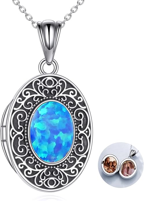 CRMAD Opal/Moonstone/Turquoise Locket Necklace for Women Sterling Silver Oval-Shaped Opal Locket Pendant Holds Pictures Always with You Vintage Style Photos Locket Jewelry Gifts for Loved One