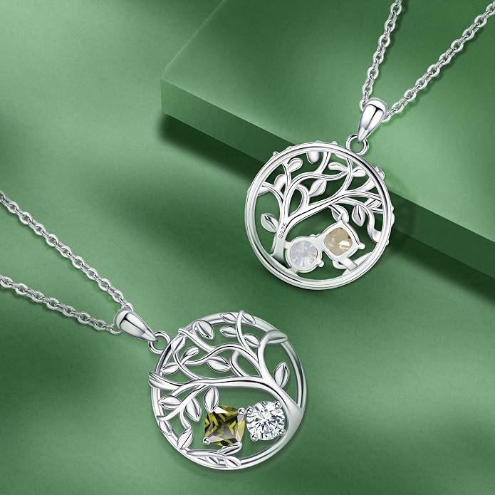 Tree of Life Birthstone Necklace for Women 925 Sterling Silver Birthstone Pendant 12 Months Necklaces with Zircon Birthday Gifts for Women, Mom, Grandma Cable Chain 18"+2"