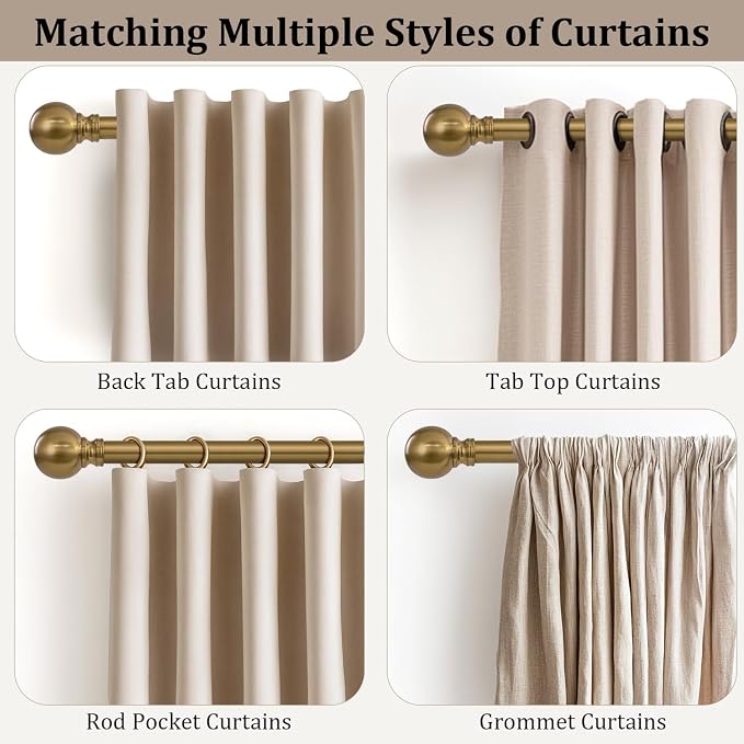 2 Pack Warm Gold Curtain Rods for Windows 28 to 48 Inch 1" Diameter Short | Vintage Brass Adjustable Heavy Duty Antique Brushed Bronze Metal Decorative with Finials for Living Room Bedroom Kitchen