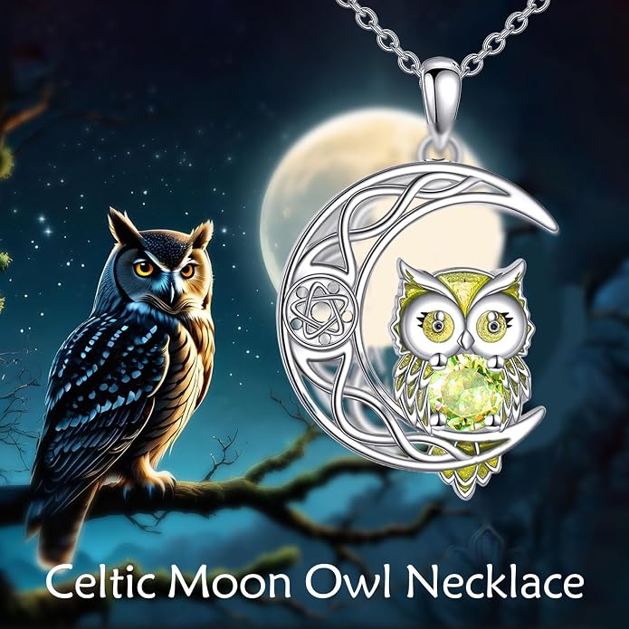 Owl Birthstone Necklace Sterling Silver Celtic Moon Pendant Cubic Zirconia Owls Jewelry Birthday Gifts for Women Men