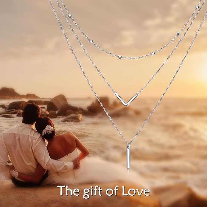 MONGAS Boho Layered Necklace Sterling Silver Triple 3 Stacked Vertical Bar Triangle Long Layering Necklaces Christmas Jewelry Gifts for Women