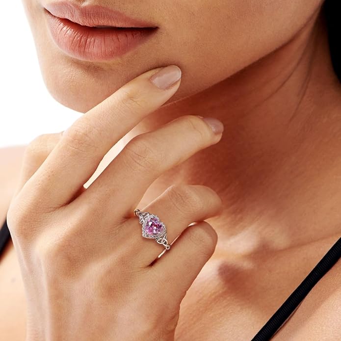DAYBYDAY Celtic Birthstone Rings for Women 925 Sterling Silver Heart/Round/Pear/Oval Created Gemstone Moissanite Halo Engagement Promise Rings for Her Wife Birthday Anniversary Wedding Jewelry