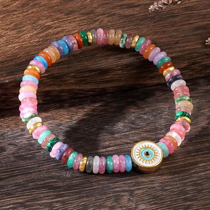 Evil Eye Bracelets For Women, Boho Colorful Gemstone Beaded Enamel Bracelet Charm Natural Stone Summer Beach Lucky Jewelry Gift