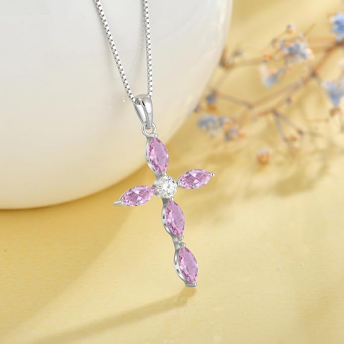 JO WISDOM Cross Necklace for Women,925 Sterling Silver Birthstone Necklaces Cubic Zirconia Cross Pendant Necklace Dainty Jewelry Gifts