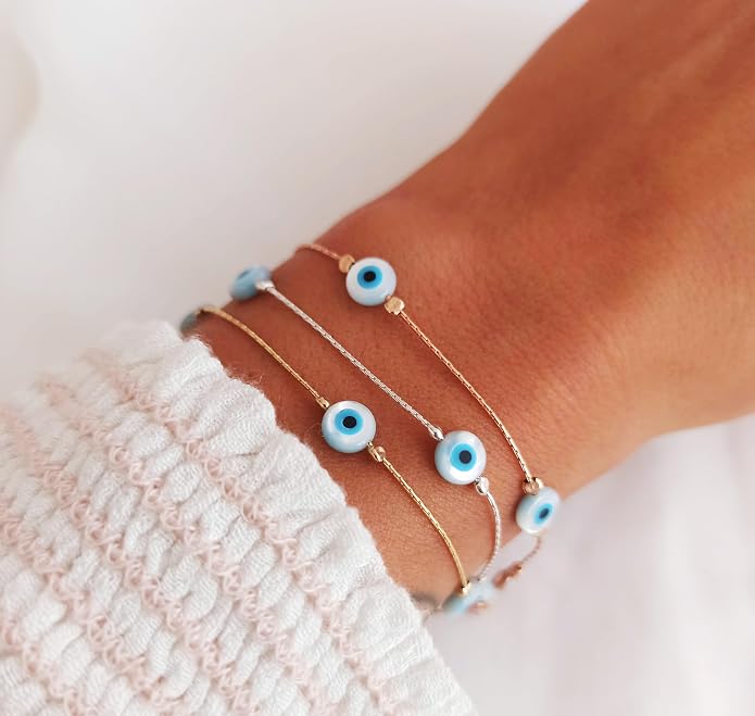 Minimalist Evil Eye Charm Bracelet – Handmade Delicate Good Luck Jewelry for Women – Adjustable 6.5” + 1” Extender