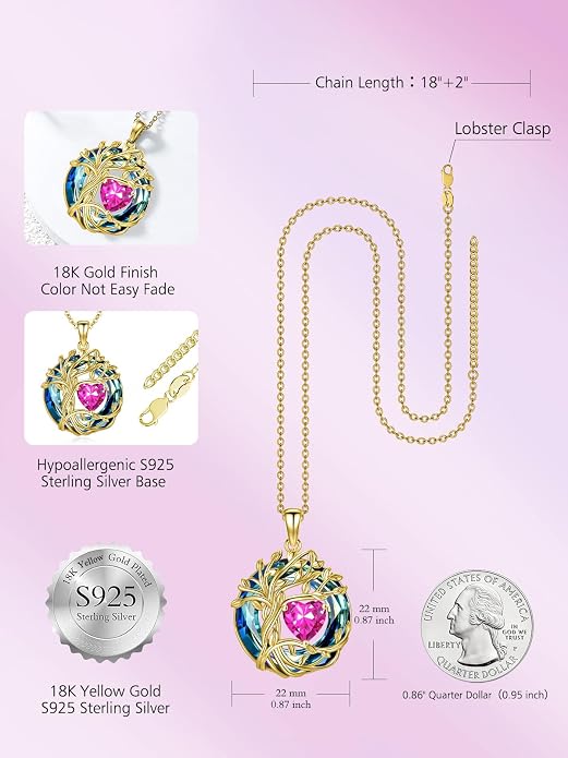 TOUPOP Tree of Life Birthstone Necklace Sterling Silver Pendant Birthstone Necklaces with Blue Crystal Anniversary Birthday Jewelry for Women Mom Wife Her