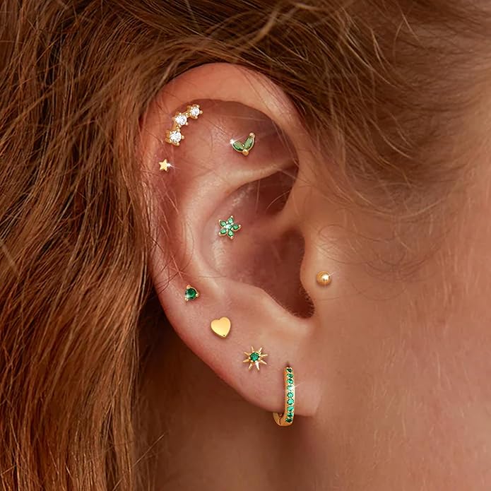 KRFY 25Pcs/17 Pairs Hypoallergenic Surgical Steel Earrings for Sensitive Ears 14K Gold Plated Flat Back Cartilage Earrings for Women Men Screw Back Flatback Stud Hoop Earring Set for Multiple Piercing