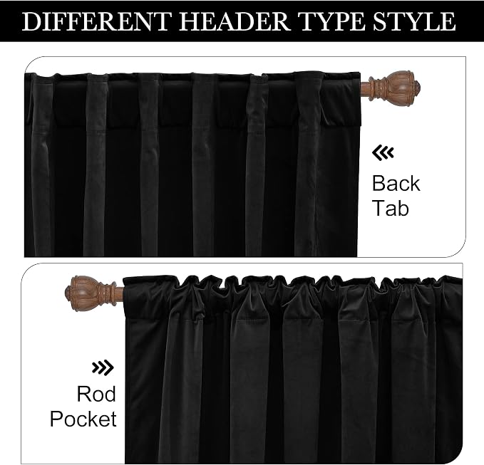 RYB HOME Black Velvet Curtains for Bedroom Living Room, Thermal Insulated Privacy UV Heat Blocking Luxurious Soft Rod Pocket Back Tab Drapes for Nursery, 52" W x 94" L, 2 Panels