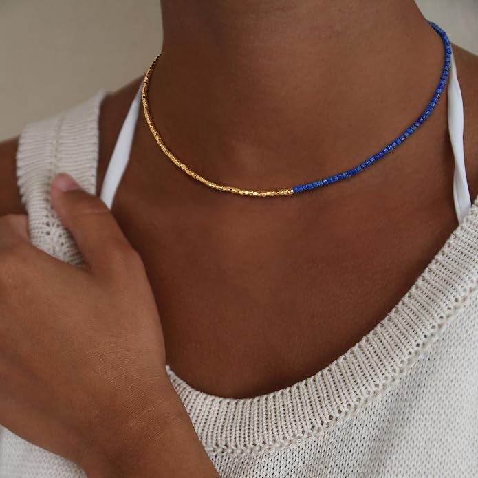 MYEARS Women Beaded Choker Necklace Gemstone 14K Gold Plated Simple Dainty Handmade Chain Everyday Trendy Jewelry